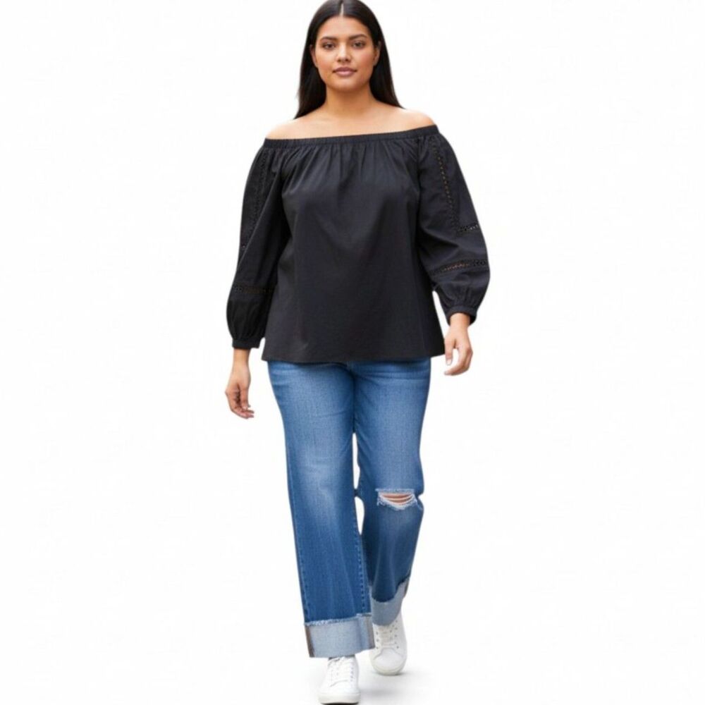 who. what. wear. Long Sleeve Blouson Bardot Black Off Shoulder Blouse, NWT! 2X